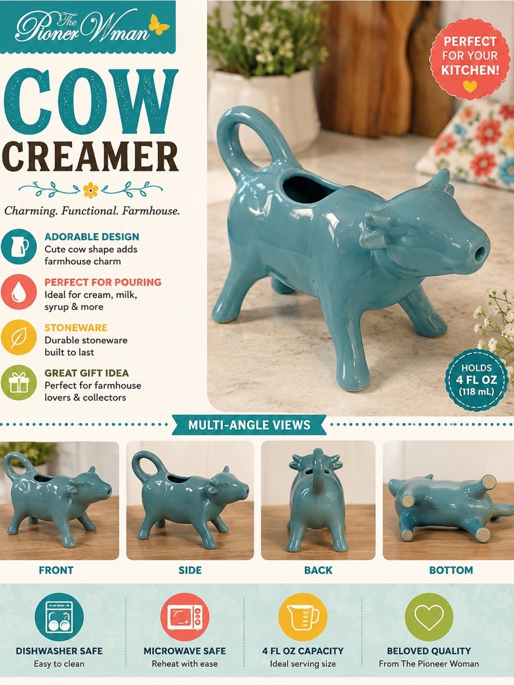 The Pioneer Woman Glossy Turquoise Cow Creamer stoneware cow creamer in teal